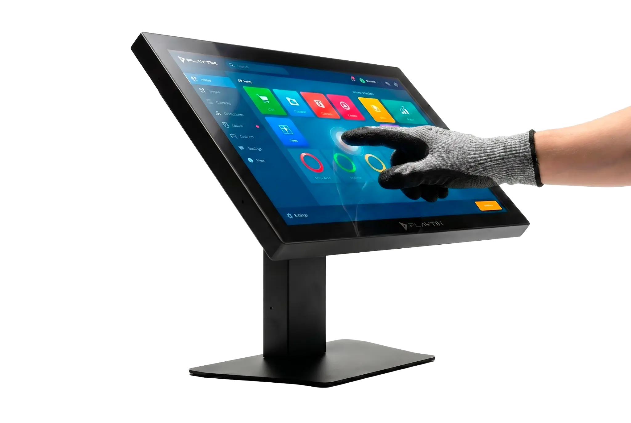 Monitor touch screen industrial sendo operado com luva de trabalho