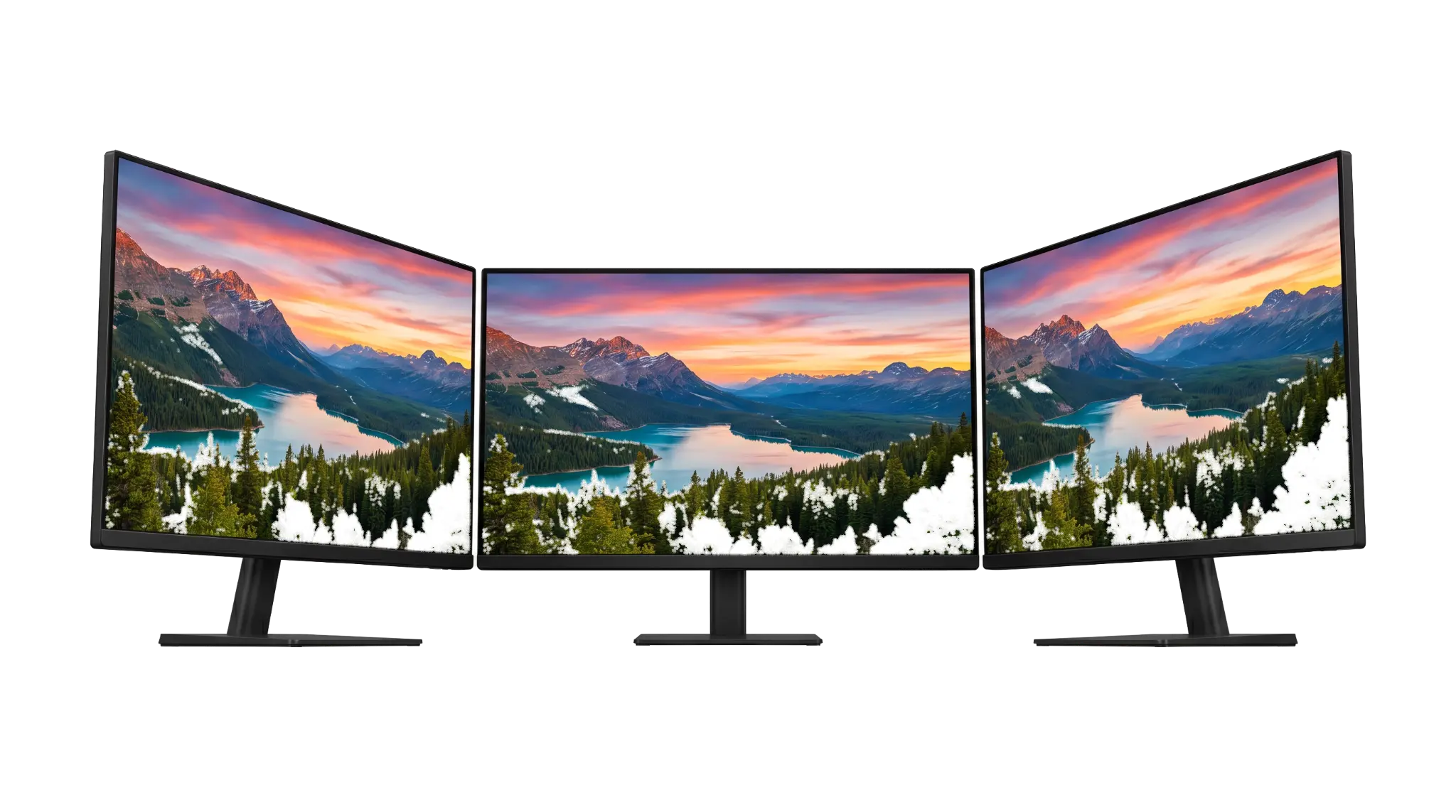 Três monitores Lynx Essence em diferentes ângulos demonstrando tecnologia IPS com cores vibrantes