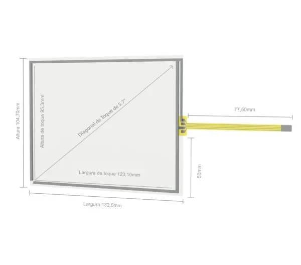 Desenho técnico com dimensões do Painel Sensível ao Toque Resistivo 5.7" Formato 4:3