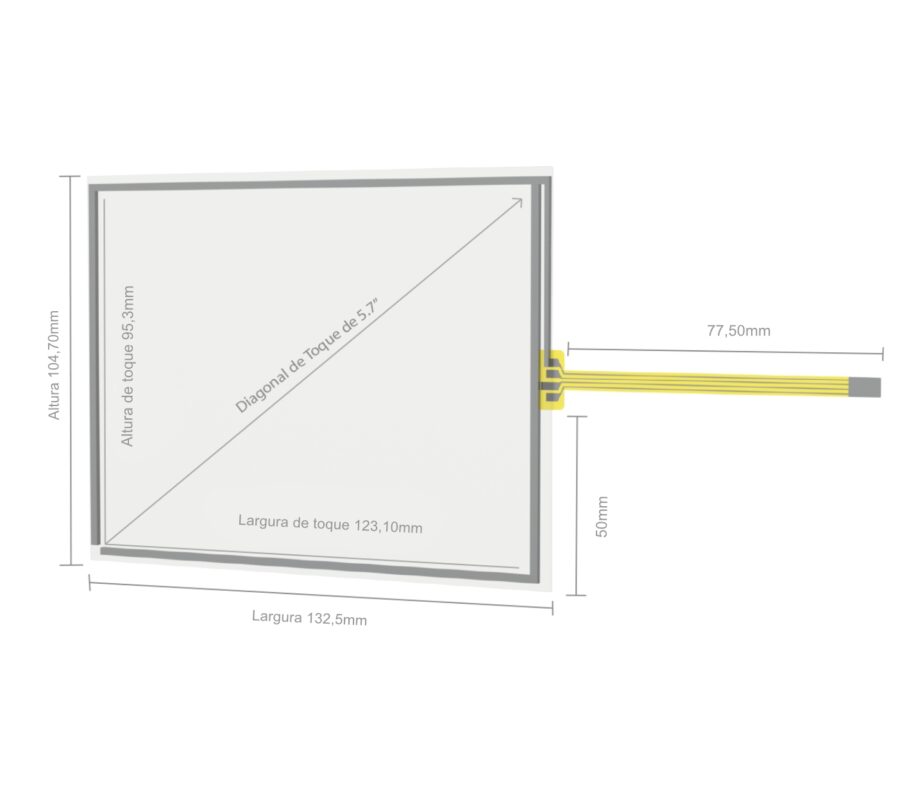 Desenho técnico com dimensões do Painel Sensível ao Toque Resistivo 5.7" Formato 4:3