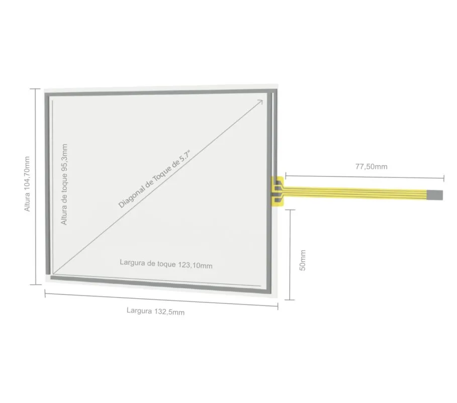 Desenho técnico com dimensões do Painel Sensível ao Toque Resistivo 5.7" Formato 4:3