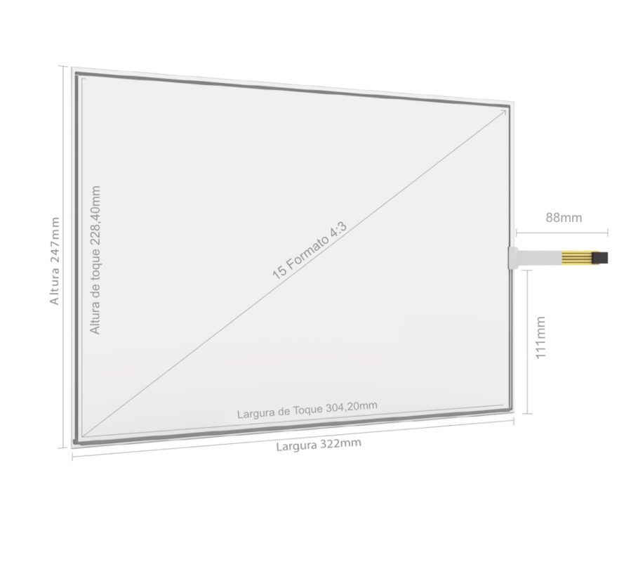Desenho técnico com dimensões do Kit Painel Sensível ao Toque Resistivo 15" Formato 4:3