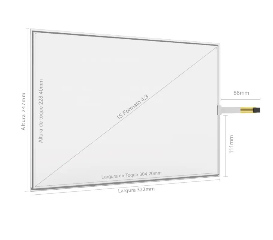 Desenho técnico com dimensões do Kit Painel Sensível ao Toque Resistivo 15" Formato 4:3
