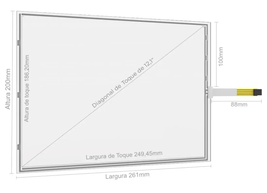 Desenho técnico com dimensões do Kit Painel Sensível ao Toque Resistivo 12.1" Formato 4:3