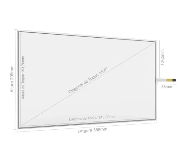 Desenho técnico com dimensões do Kit Painel Sensível ao Toque Resistivo 15.6" Formato 16:9