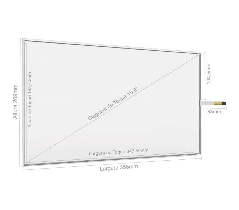 Desenho técnico com dimensões do Kit Painel Sensível ao Toque Resistivo 15.6" Formato 16:9