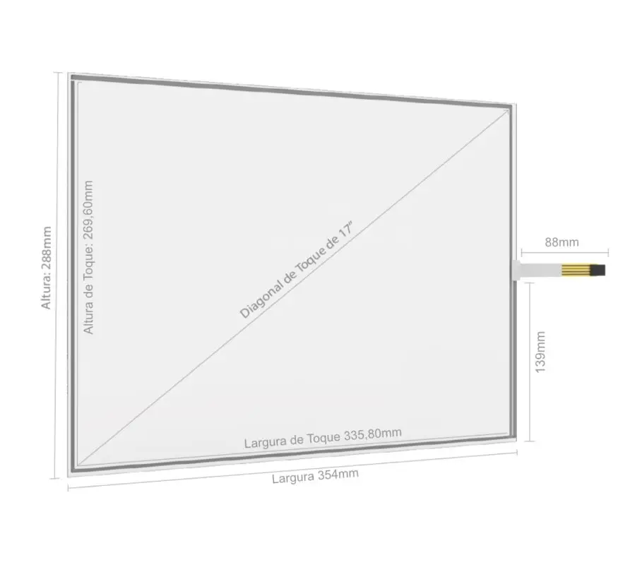 Desenho técnico com dimensões do Kit Painel Sensível ao Toque Resistivo 17" Formato 4:3