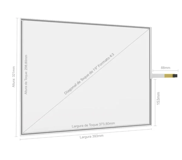 Desenho técnico com dimensões do Kit Painel Sensível ao Toque Resistivo 19" Formato 4:3