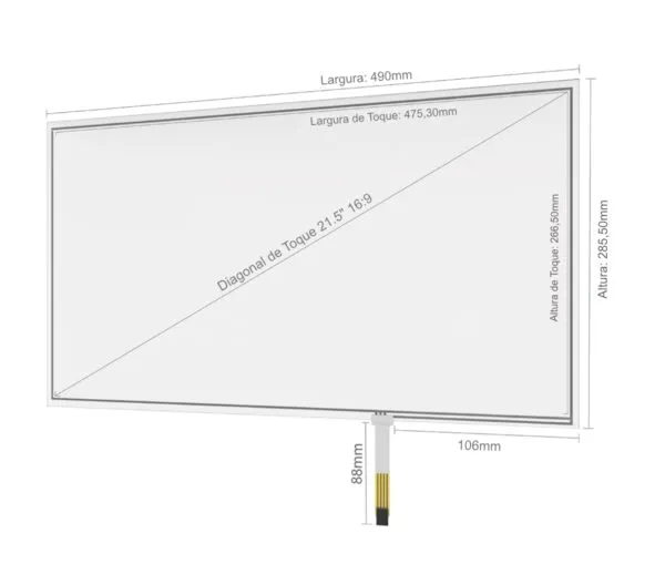 Desenho técnico com dimensões do Kit Painel Sensível ao Toque Resistivo 21.5" Formato 16:9