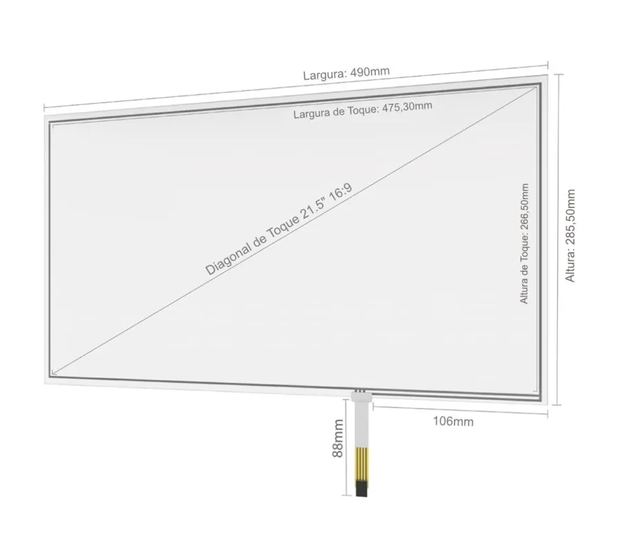 Desenho técnico com dimensões do Kit Painel Sensível ao Toque Resistivo 21.5" Formato 16:9