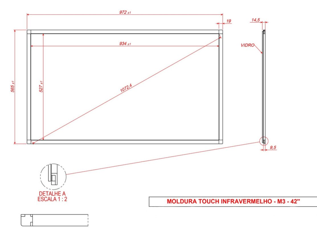 Desenho técnico com dimensões do Moldura Sensível ao Toque Infravermelha 42" Formato 16:9