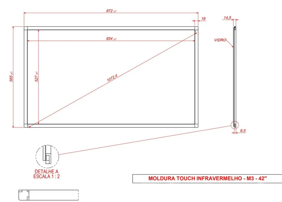 Desenho técnico com dimensões do Moldura Sensível ao Toque Infravermelha 42" Formato 16:9