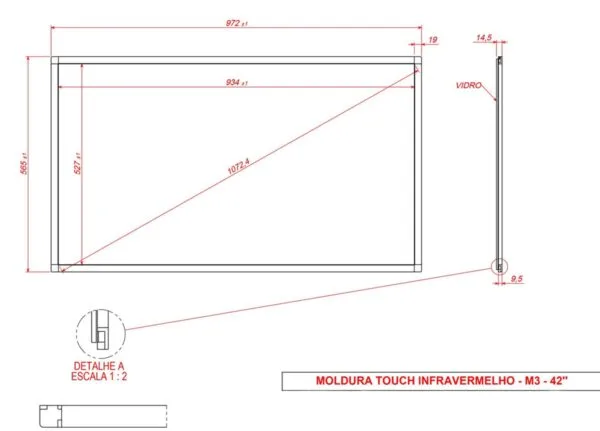 Desenho técnico com dimensões do Moldura Sensível ao Toque Infravermelha 42" Formato 16:9