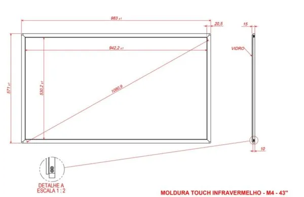 Desenho técnico com dimensões do Moldura Sensível ao Toque Infravermelha 43" Formato 16:9
