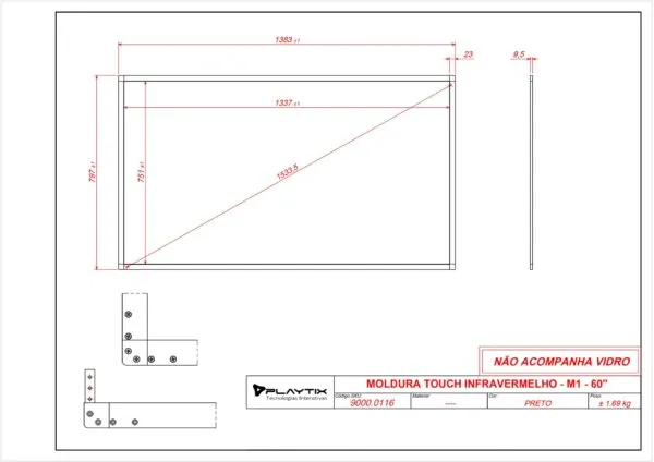 Moldura Sensível ao Toque Infravermelha 60" Formato 16:9 - monitor touch screen industrial Playtix