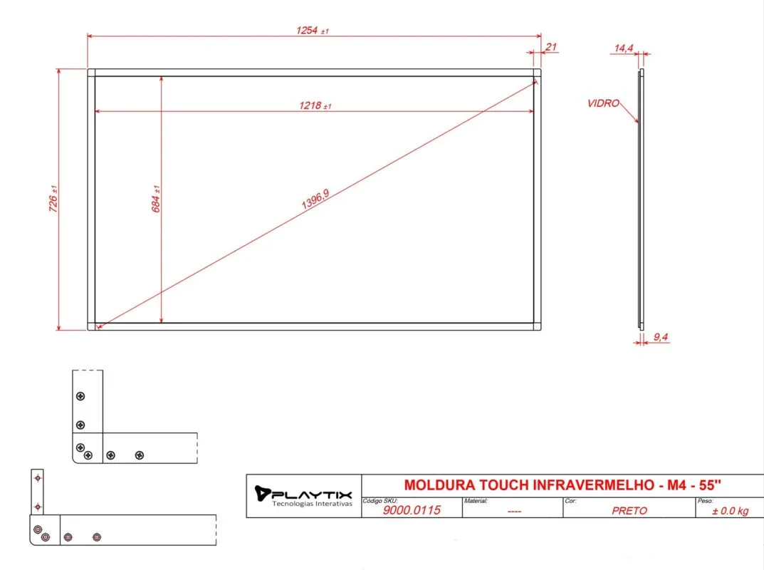 Moldura Touch Infravermelha 55 polegadas - Detalhe modelo M4 formato 16:9