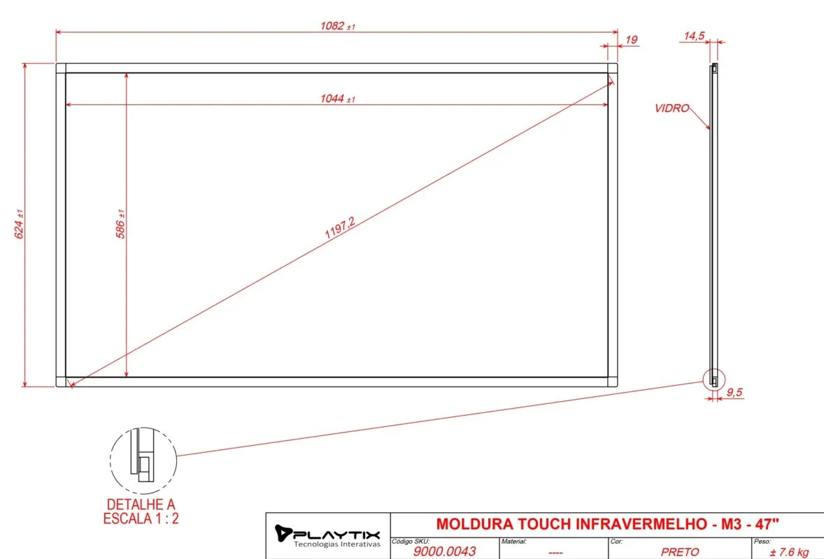 Desenho técnico com dimensões do Moldura Sensível ao Toque Infravermelha 47" Formato 16:9