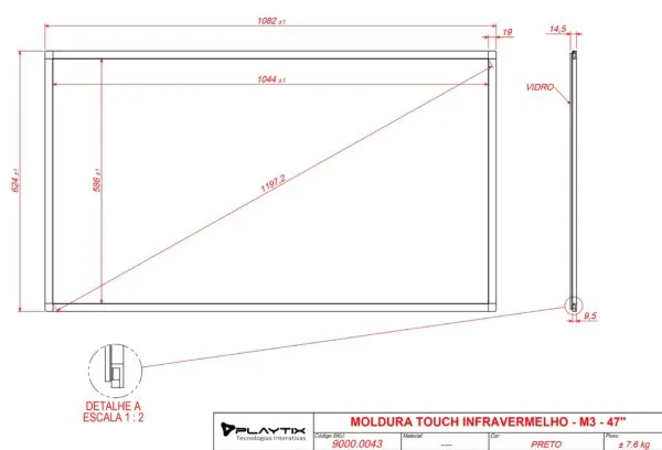 Desenho técnico com dimensões do Moldura Sensível ao Toque Infravermelha 47" Formato 16:9