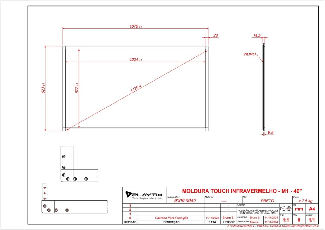Moldura Sensível ao Toque Infravermelha 46" Formato 16:9 - monitor touch screen industrial Playtix