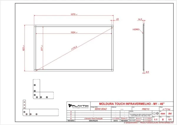 Moldura Sensível ao Toque Infravermelha 46" Formato 16:9 - monitor touch screen industrial Playtix