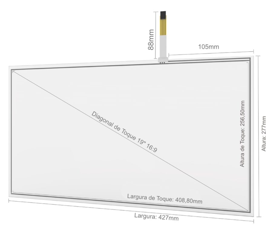 Desenho técnico com dimensões do Kit Painel Sensível ao Toque Resistivo 19" Formato 16:9