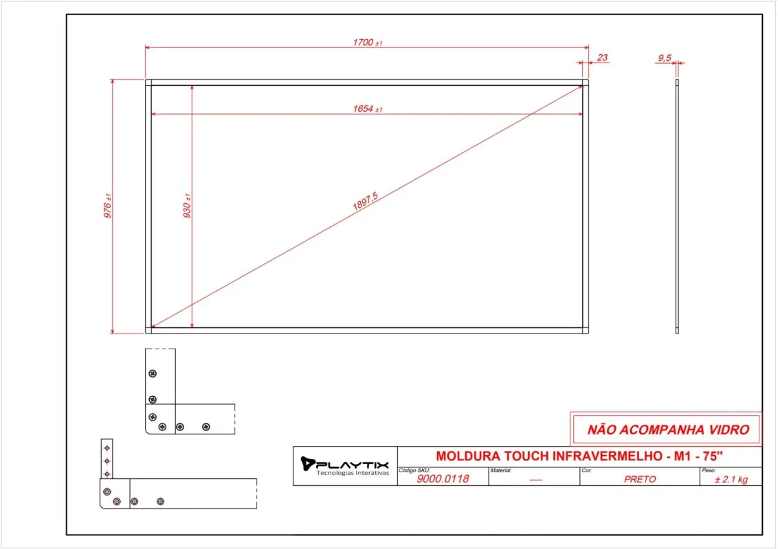 Moldura Touch Infravermelha 75 polegadas - Detalhe modelo M1 formato 16:9