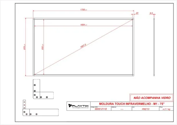 Moldura Touch Infravermelha 75 polegadas - Detalhe modelo M1 formato 16:9
